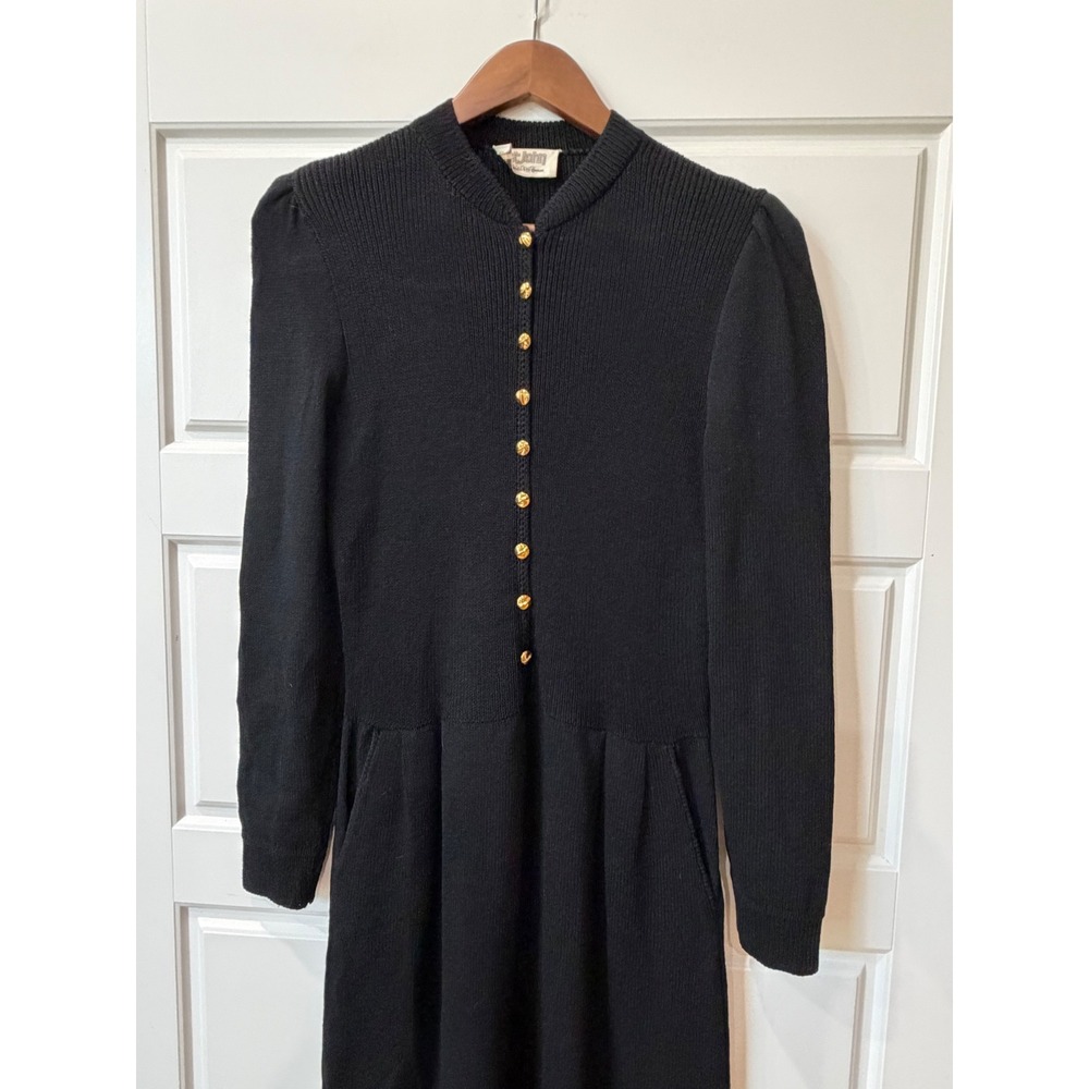 VTG St. John Saks 5th Avenue Black Santana Knit Midi Dress Gold Buttons Medium - Picture 3 of 8